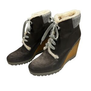 Cole Haan Henson Wedge Bootie Womens 9B‎ Waterproof Leather Suede Brown Grey Tan